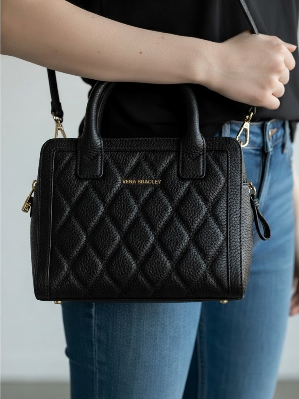 Vera Bradley Black Quilted leather Satchel with Gold Hardware-small